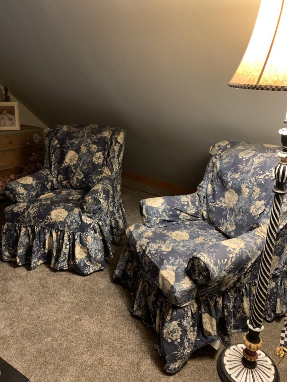Waverly for Surefit Blue floral Ballad Bouquet ruffled slipcover for wingchair